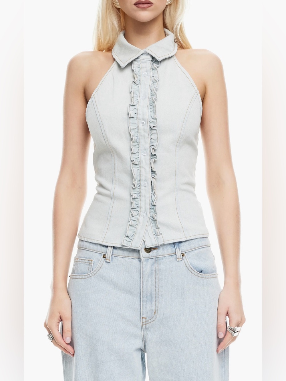 Lioness Afterglow Ruffle Denim Halter Top in Light Denim